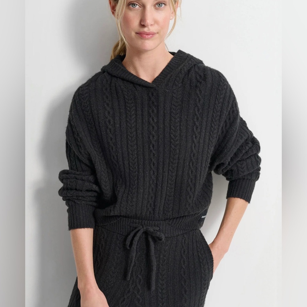 DKNY Cozy cable Black Cable Knit Hoodie Sweater and pants set